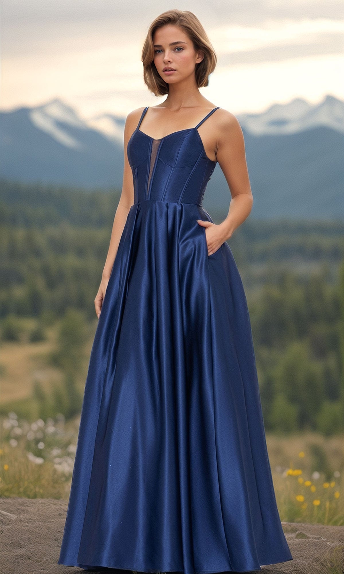 A woman stands outdoors before mountains, wearing the Blondie Nites Long A-Line Prom Dress 4826BN in navy—a floor-length gown featuring spaghetti straps, pockets, and a subtle corset-style bodice.